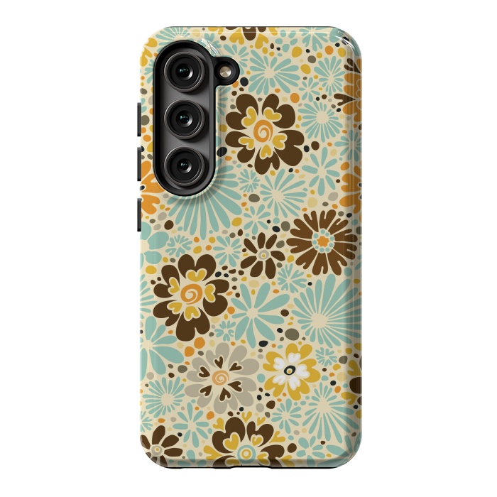 Galaxy S23 StrongFit 70s Valentine Flowers in Orange, Brown and Blue by Paula Ohreen