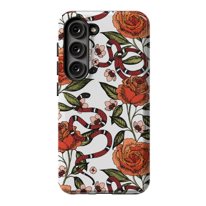 Galaxy S23 StrongFit Roses and snake. White pattern by Julia Badeeva