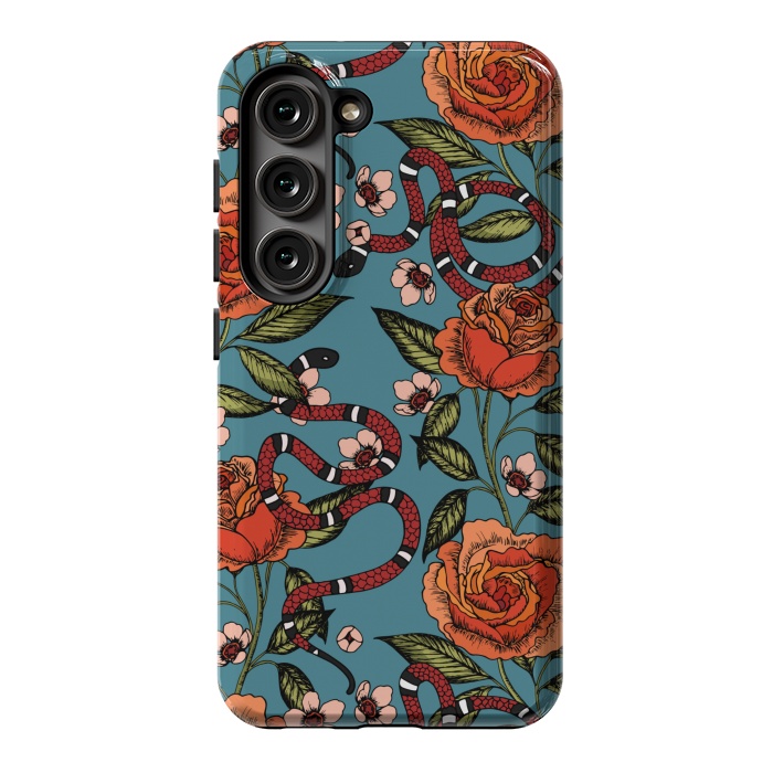 Galaxy S23 StrongFit Roses and snake. Blue pattern by Julia Badeeva