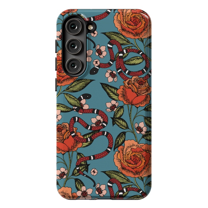 Galaxy S23 Plus StrongFit Roses and snake. Blue pattern by Julia Badeeva