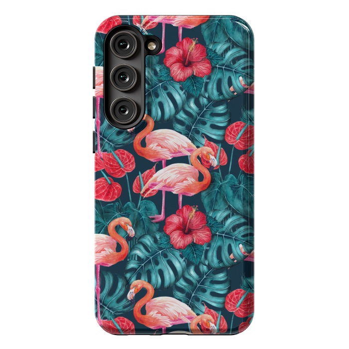 Galaxy S23 Plus StrongFit Flamingo birds and tropical garden watercolor by Katerina Kirilova