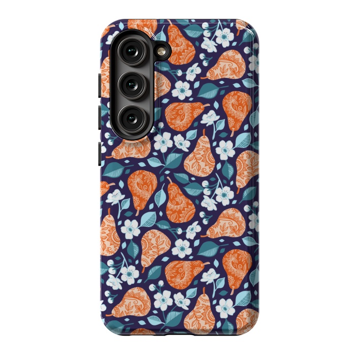 Galaxy S23 StrongFit Cheerful Pears in Orange on Navy Blue by Micklyn Le Feuvre