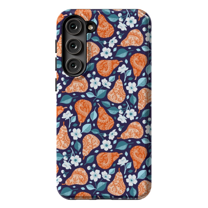 Galaxy S23 Plus StrongFit Cheerful Pears in Orange on Navy Blue by Micklyn Le Feuvre