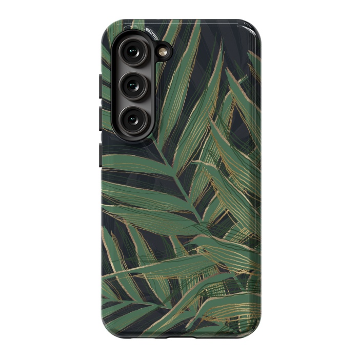 Galaxy S23 StrongFit Trendy Green Palm Leaves Gold Strokes Gray Design by InovArts