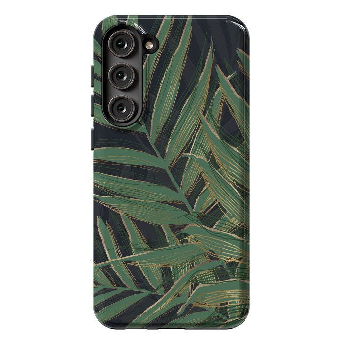 Galaxy S23 Plus StrongFit Trendy Green Palm Leaves Gold Strokes Gray Design by InovArts