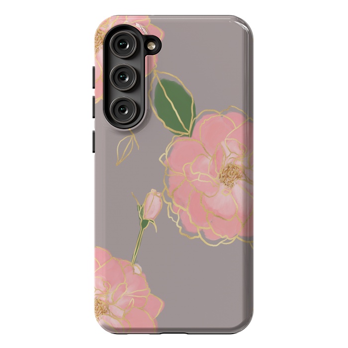 Galaxy S23 Plus StrongFit Elegant Pink & Gold Watercolor Roses Gray Design by InovArts