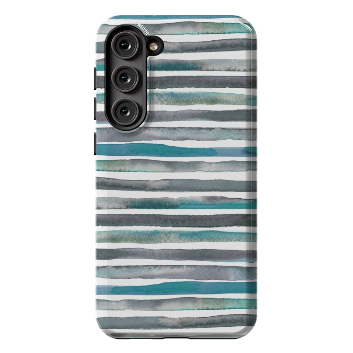 Galaxy S23 Plus StrongFit Watercolor Stripes and Lines Blue Aqua by Ninola Design