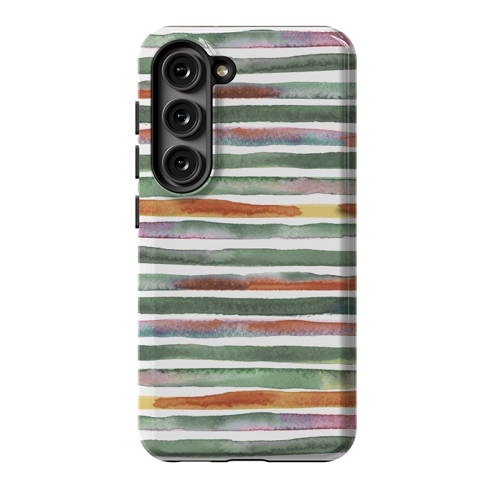 Galaxy S23 StrongFit Watercolor Stripes and Lines Green Orange by Ninola Design