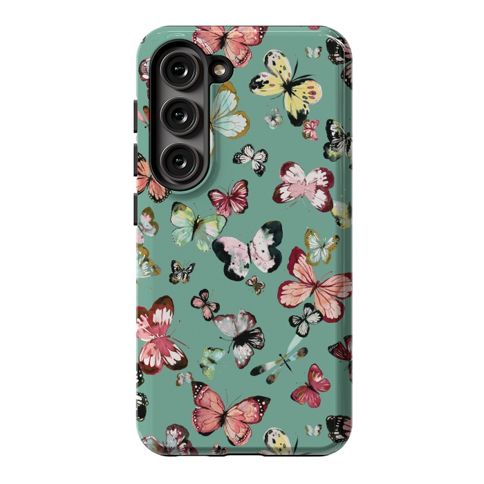 Galaxy S23 StrongFit Flying Butterflies Watercolor Teal by Ninola Design