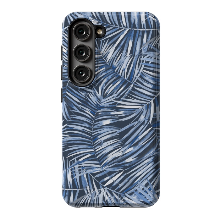 Galaxy S23 StrongFit Tropical Palms Blue Navy Night by Ninola Design