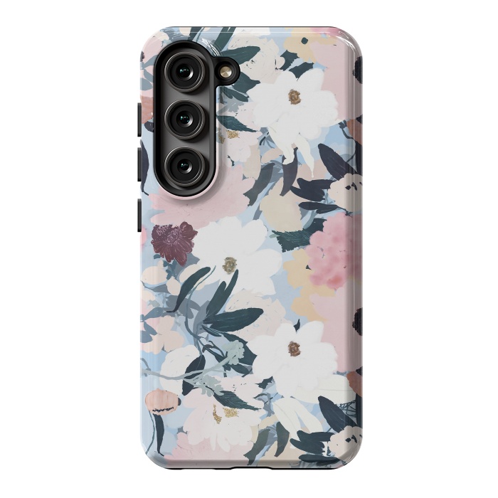 Galaxy S23 StrongFit Pretty Grayish Blue Watercolor Pink & White Floral Design by InovArts