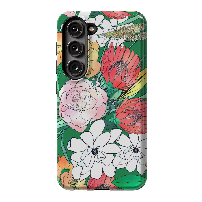 Galaxy S23 StrongFit Colorful Hand Drawn Flowers Green Girly Design by InovArts