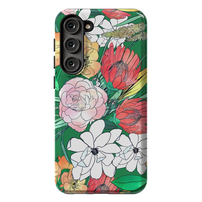 Galaxy S23 Plus StrongFit Colorful Hand Drawn Flowers Green Girly Design by InovArts