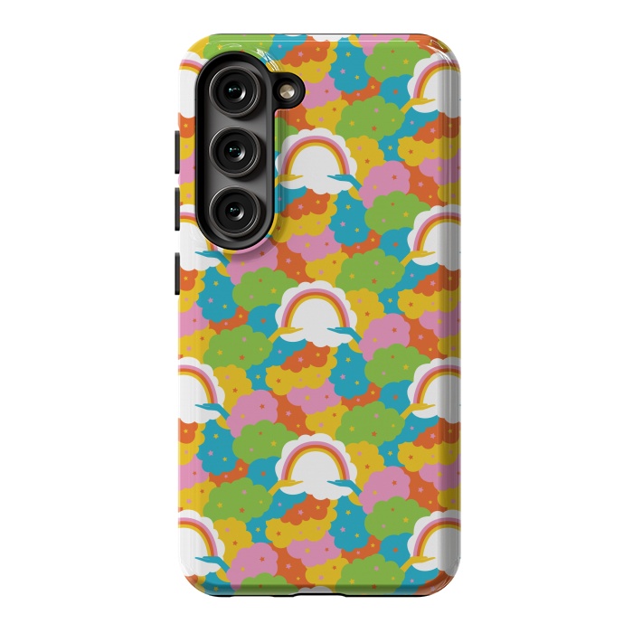 Galaxy S23 StrongFit Rainbows, clouds, hands, We're in This Together repeat pattern in pastels by Portia Monberg