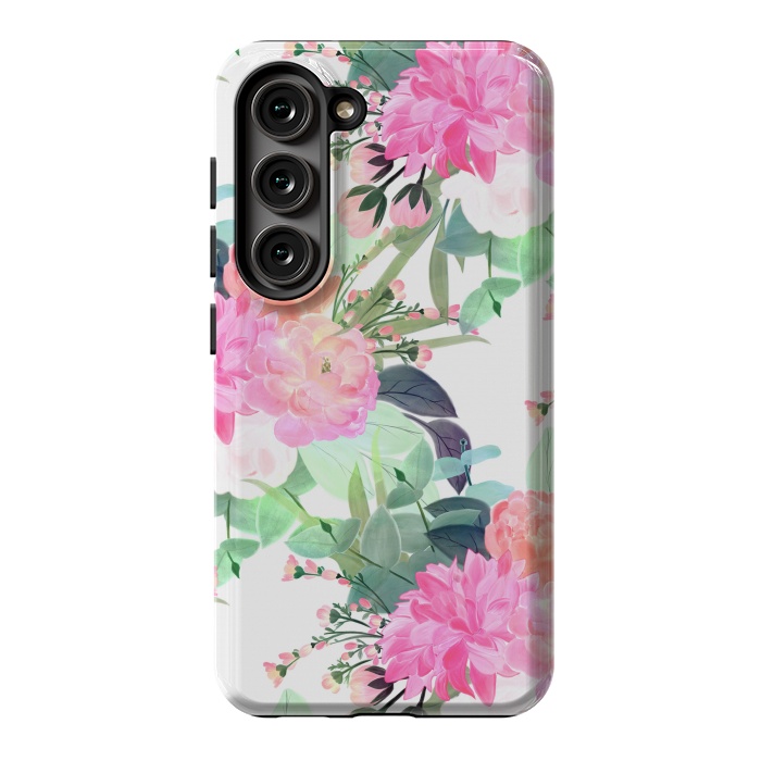 Galaxy S23 StrongFit Girly Pink & White Flowers Watercolor Paint by InovArts