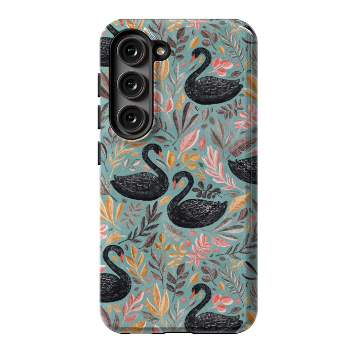 Galaxy S23 StrongFit Bonny Black Swans with Autumn Leaves on Sage by Micklyn Le Feuvre