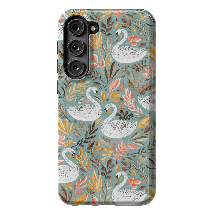 Galaxy S23 Plus StrongFit Whimsical White Swans with Autumn Leaves on Sage by Micklyn Le Feuvre