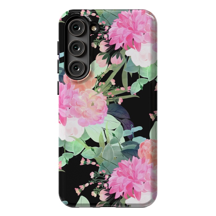 Galaxy S23 Plus StrongFit Trendy Pink & Black Flowers Watercolor Design by InovArts