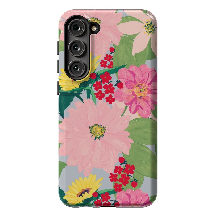Galaxy S23 Plus StrongFit Elegant Watercolor Sunflowers Blush Floral Gray Design by InovArts
