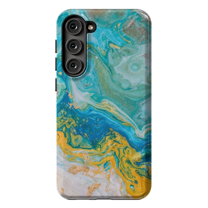 Galaxy S23 Plus StrongFit Blue Acrylic Texture with Golden Marble Motifs by ArtsCase