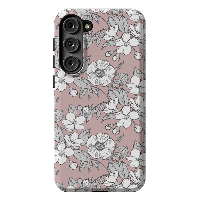 Galaxy S23 Plus StrongFit White Cherry flowers line art drawing on pink by Oana 