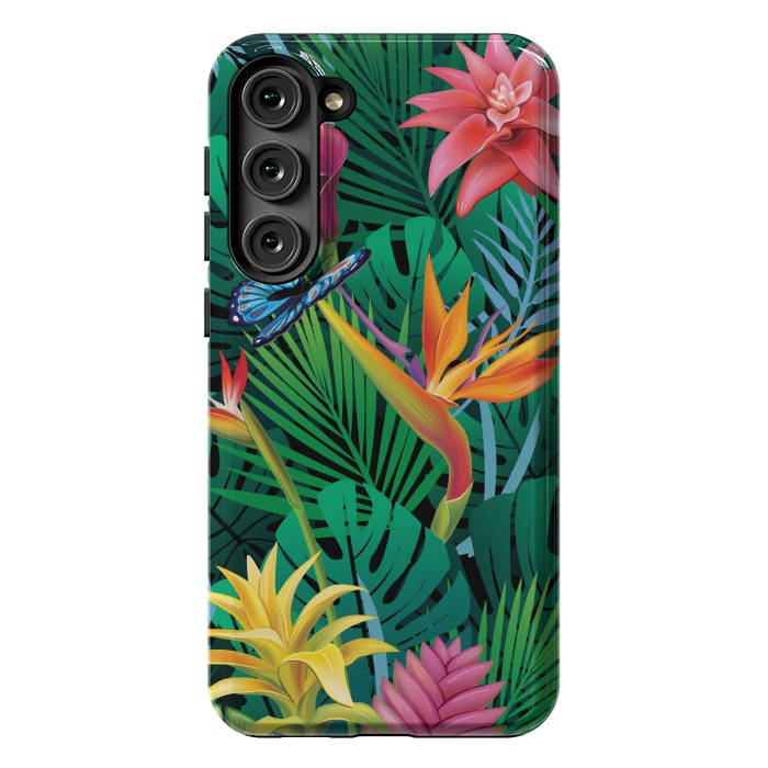 Galaxy S23 Plus StrongFit Cute Tropical Floral Design Green Pink and Purple by ArtsCase