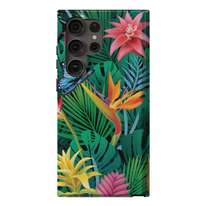 Galaxy S23 Ultra StrongFit Cute Tropical Floral Design Green Pink and Purple by ArtsCase