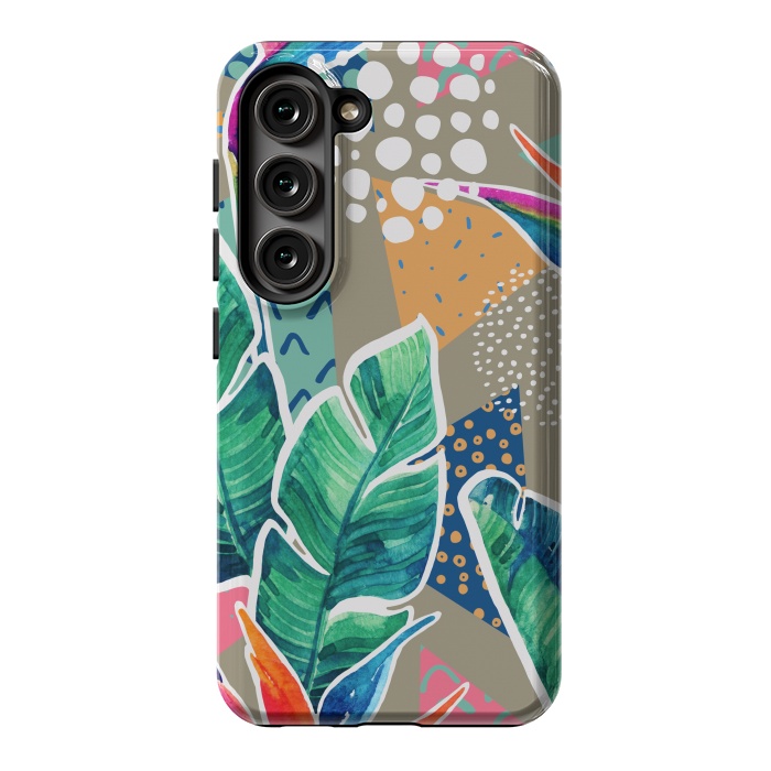 Galaxy S23 StrongFit Tropical Flowers Watercolors with Geometric Outline by ArtsCase