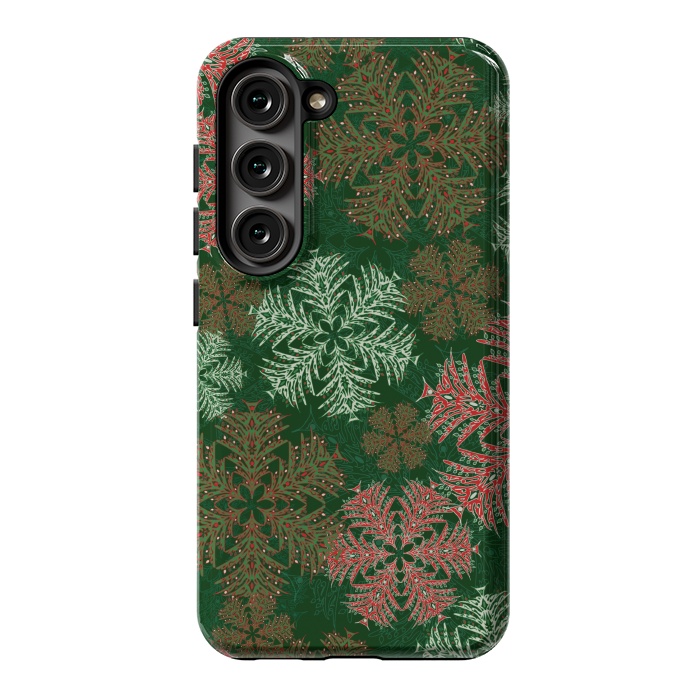 Galaxy S23 StrongFit Xmas Snowflakes Red & Green by Lotti Brown