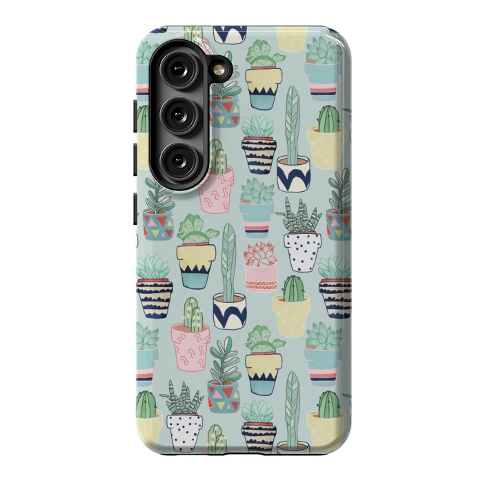 Galaxy S23 StrongFit Cute Cacti In Pots on Mint Green by Tangerine-Tane