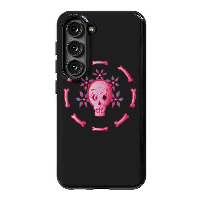 Galaxy S23 StrongFit Funny Skull In Pink With Flowers And Bones by Boriana Giormova