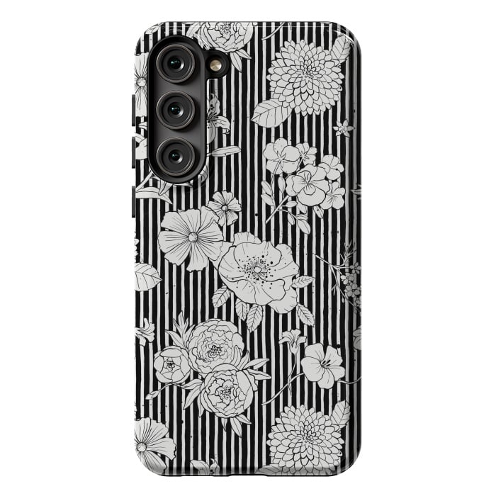 Galaxy S23 Plus StrongFit Flowers and Stripes Black and White by Ninola Design