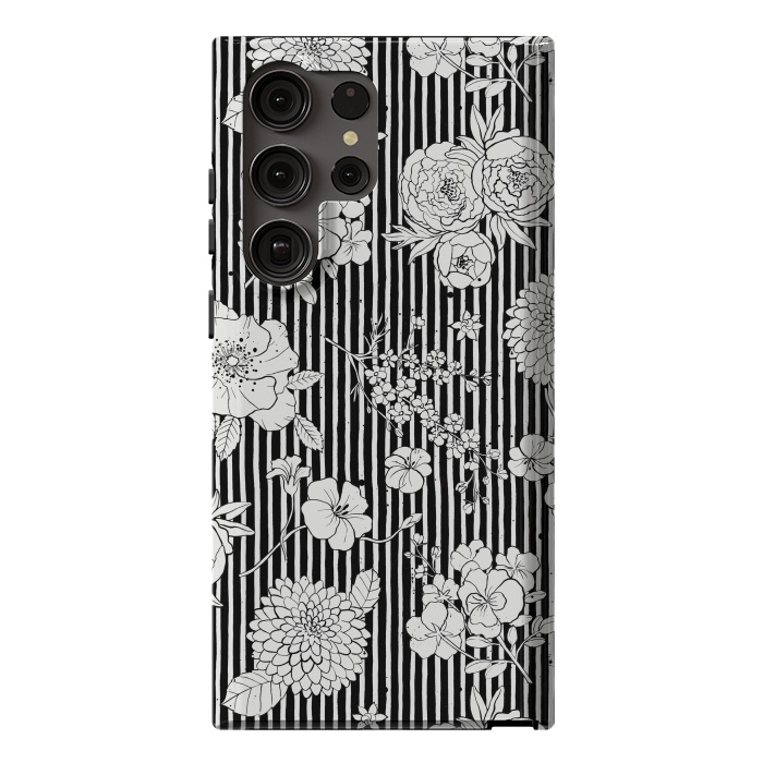 Galaxy S23 Ultra StrongFit Flowers and Stripes Black and White by Ninola Design