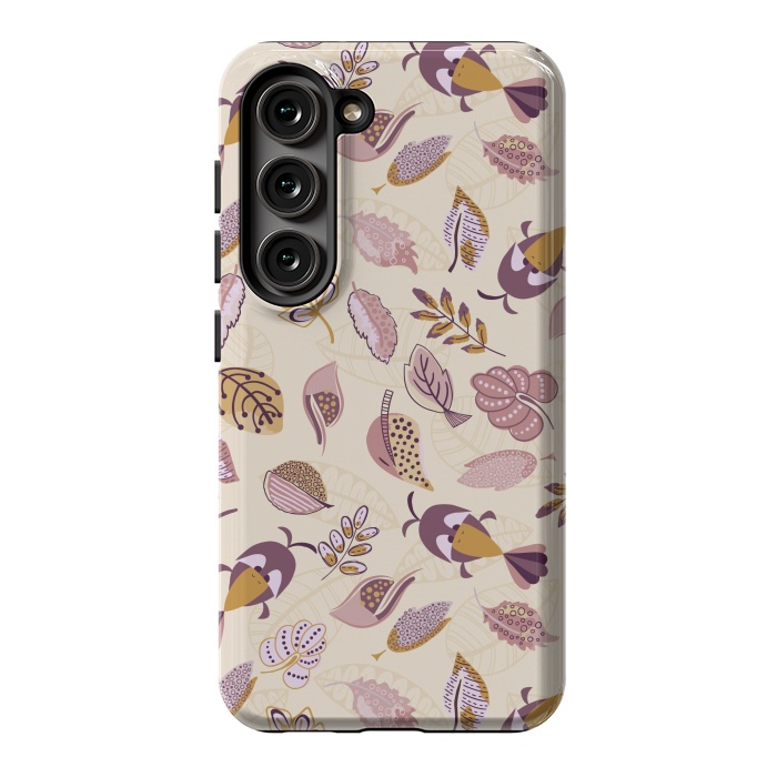 Galaxy S23 StrongFit Cute parrots in a fun tossed pattern with funky leaves in purple and mustard by Paula Ohreen