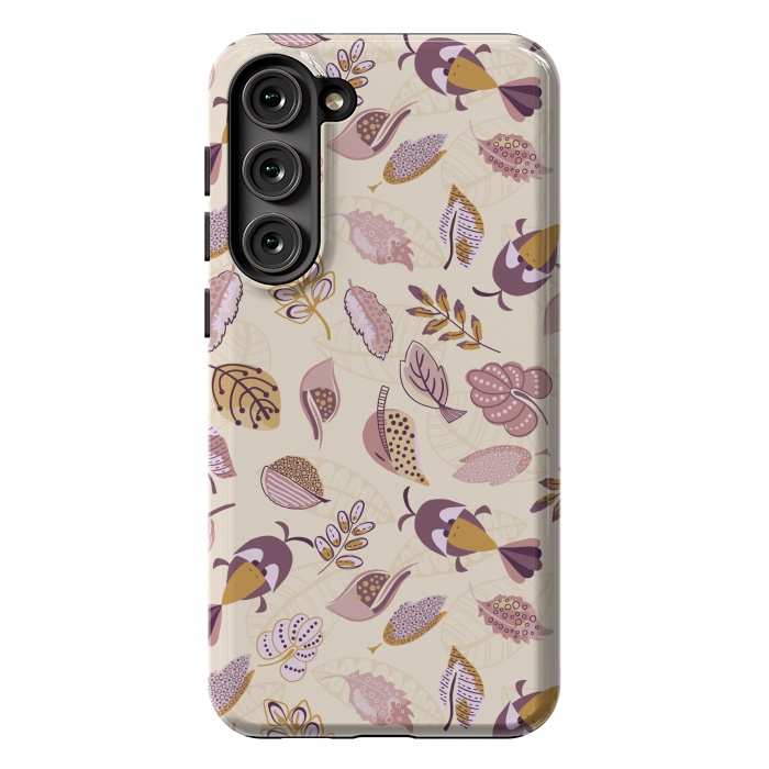 Galaxy S23 Plus StrongFit Cute parrots in a fun tossed pattern with funky leaves in purple and mustard by Paula Ohreen