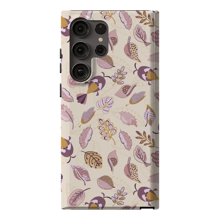 Galaxy S23 Ultra StrongFit Cute parrots in a fun tossed pattern with funky leaves in purple and mustard by Paula Ohreen