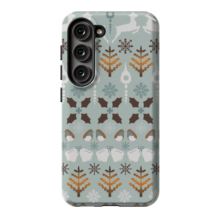 Galaxy S23 StrongFit Fair Isle Christmas in blue and brown by Paula Ohreen