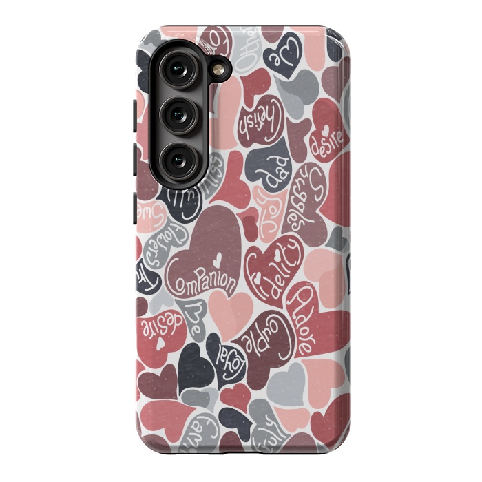 Galaxy S23 StrongFit Love hearts with loving words in pink and grey by Paula Ohreen
