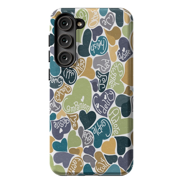 Galaxy S23 Plus StrongFit Love hearts with loving words in blue and green by Paula Ohreen