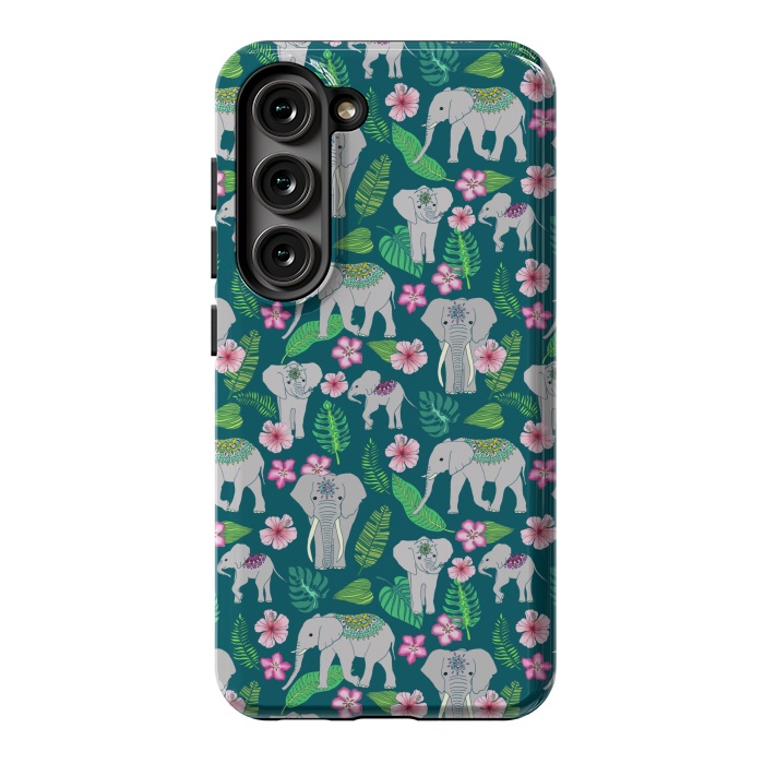 Galaxy S23 StrongFit Elephants of the Jungle on Green by Tangerine-Tane