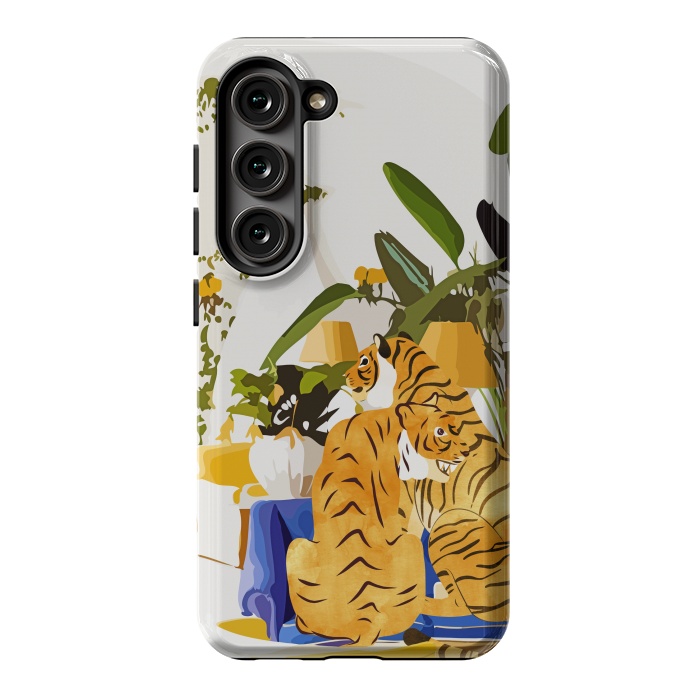 Galaxy S23 StrongFit Tiger Reserve Villa | Bohemian Tropical Jungle Décor | Pastel Honeymoon Couple Love Wildlife by Uma Prabhakar Gokhale