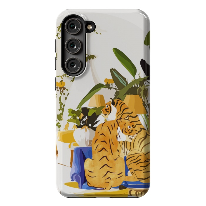 Galaxy S23 Plus StrongFit Tiger Reserve Villa | Bohemian Tropical Jungle Décor | Pastel Honeymoon Couple Love Wildlife by Uma Prabhakar Gokhale