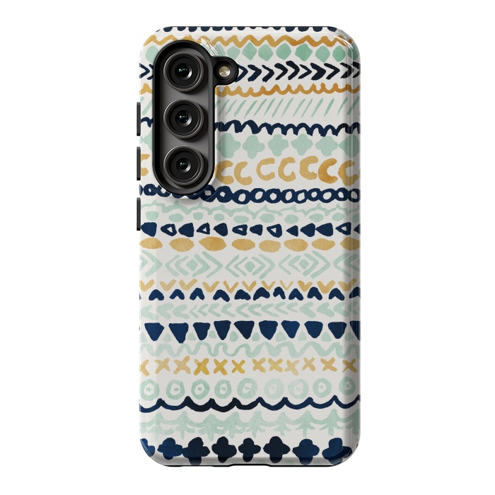 Galaxy S23 StrongFit Navy, Teal & Mustard Tribal by Tangerine-Tane