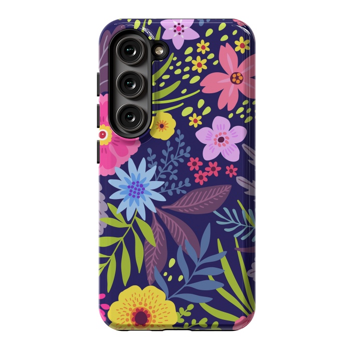 Galaxy S23 StrongFit Amazing seamless floral pattern with bright colorful flowers and leaves on a dark blue background by ArtsCase