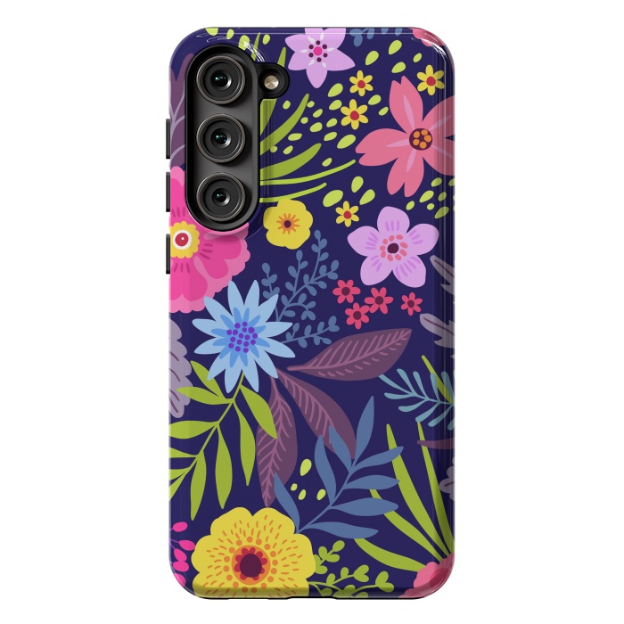 Galaxy S23 Plus StrongFit Amazing seamless floral pattern with bright colorful flowers and leaves on a dark blue background by ArtsCase