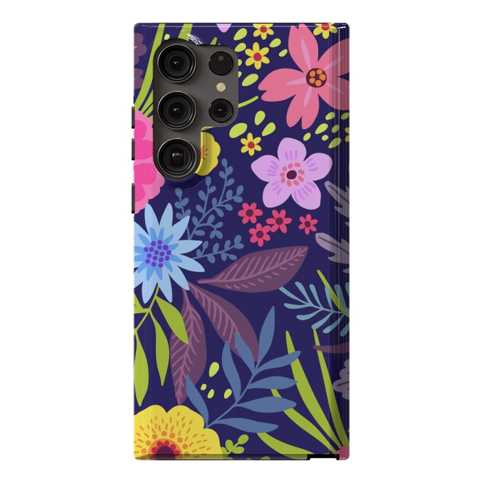Galaxy S23 Ultra StrongFit Amazing seamless floral pattern with bright colorful flowers and leaves on a dark blue background by ArtsCase