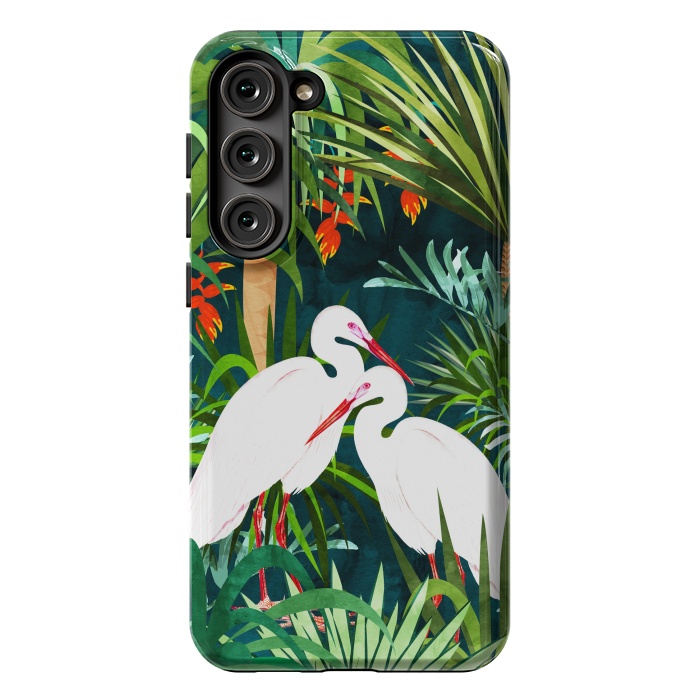 Galaxy S23 Plus StrongFit To Me, You're Perfect, Tropical Jungle Heron Watercolor Vibrant Painting, Stork Birds Wildlife Love by Uma Prabhakar Gokhale