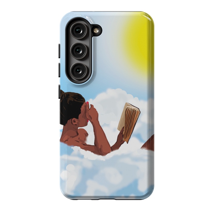 Galaxy S23 StrongFit Reading on Clouds, Black Woman Summer Sunny Day Book Painting, Bohemian Nude by Uma Prabhakar Gokhale