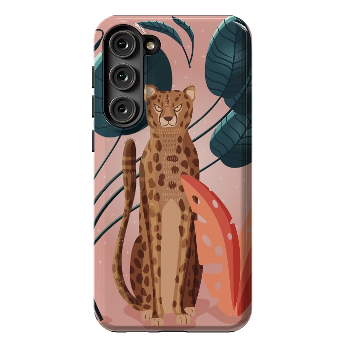 Galaxy S23 Plus StrongFit Cheetah and palm leaves by Jelena Obradovic