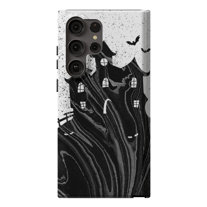 Galaxy S23 Ultra StrongFit Halloween haunted house - black and white splatter and brushstrokes by Oana 